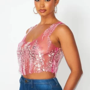 Monet Nights – Sequin Embellished Mesh Crop Top